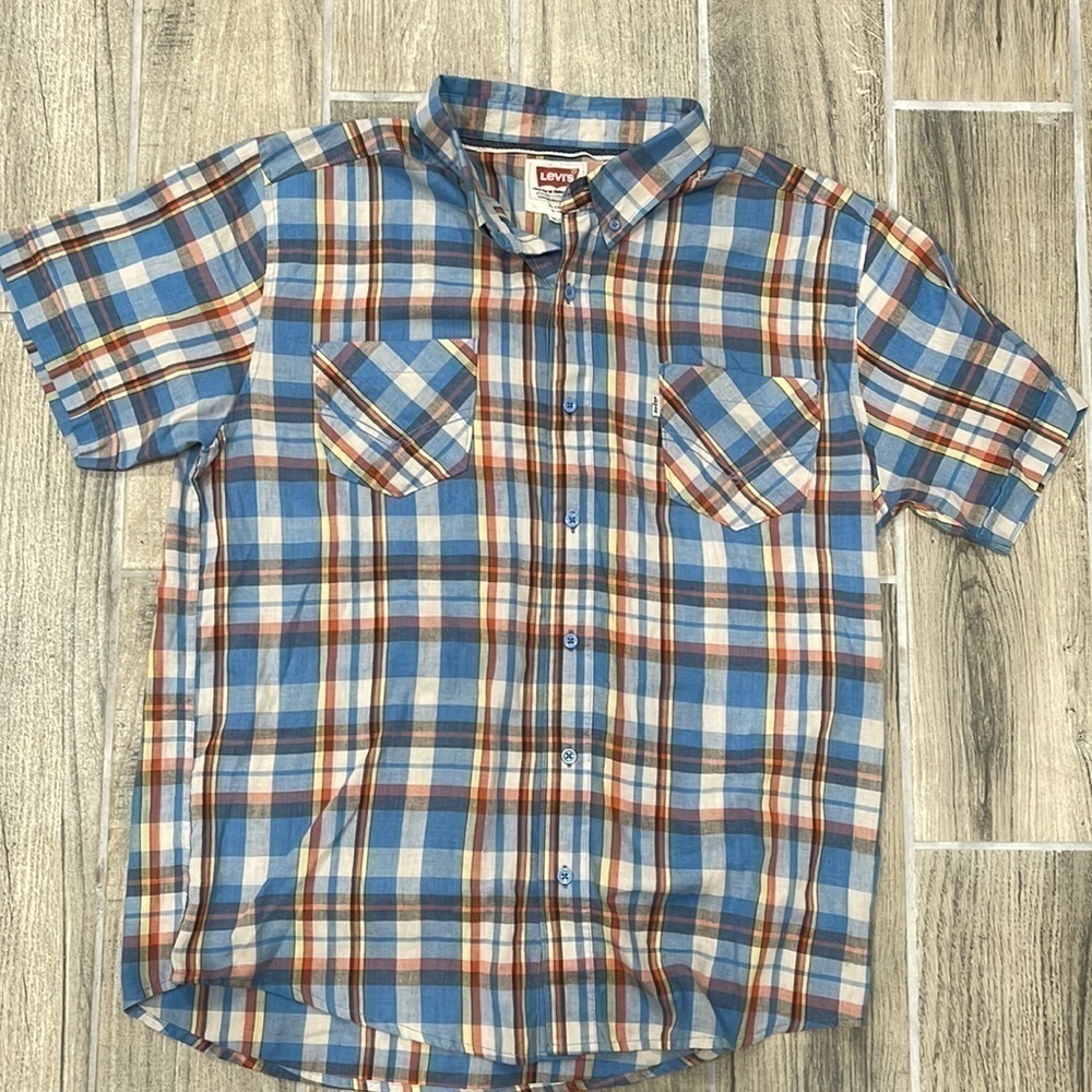 Levi’s plaid‎ button down shirt short sleeve orange blue mens XL